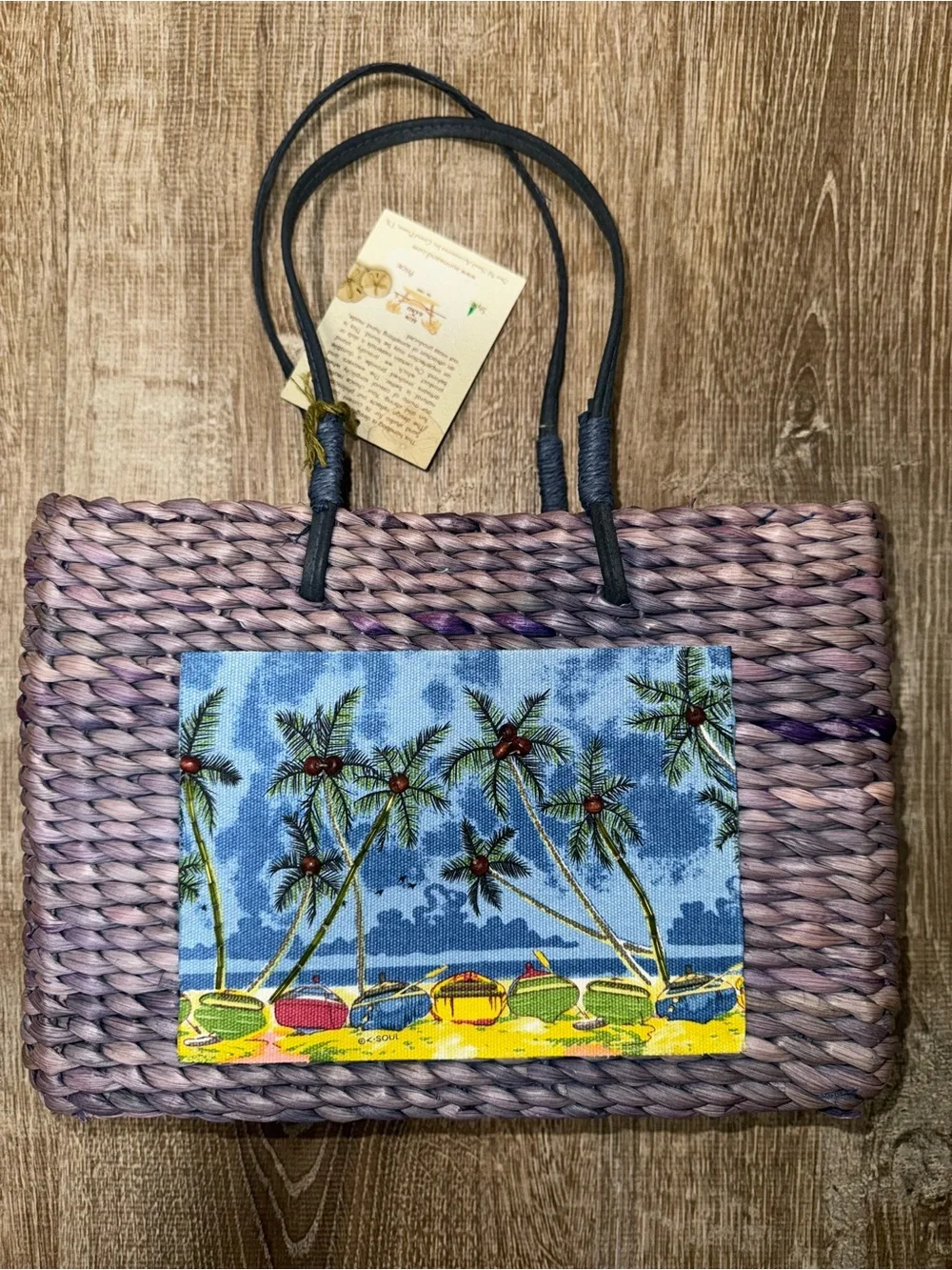 Handwoven Purple Straw Tote Bag with Tropical Print Panel